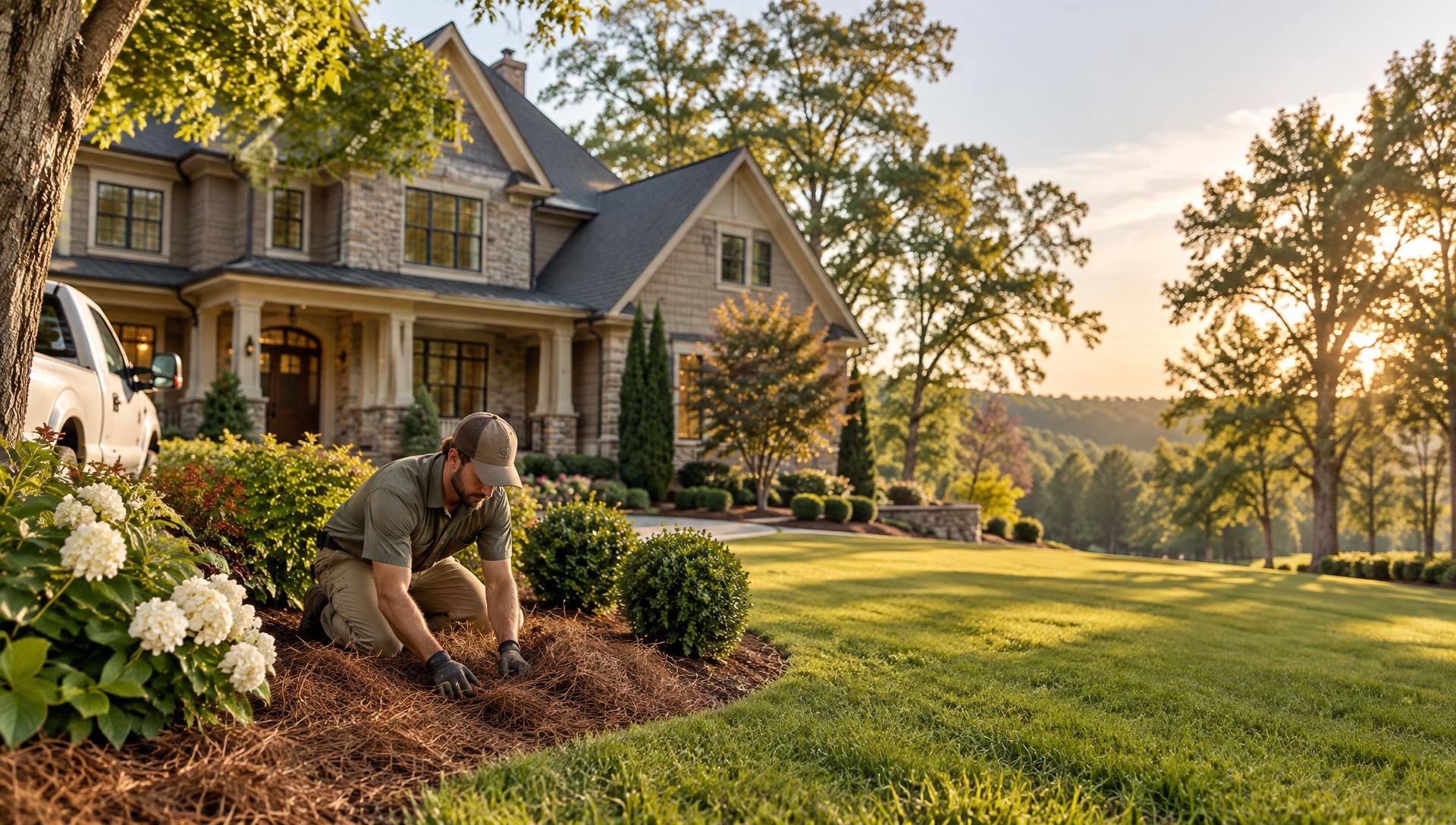 A landscaper laying fresh mulch in front of a Hampshires home